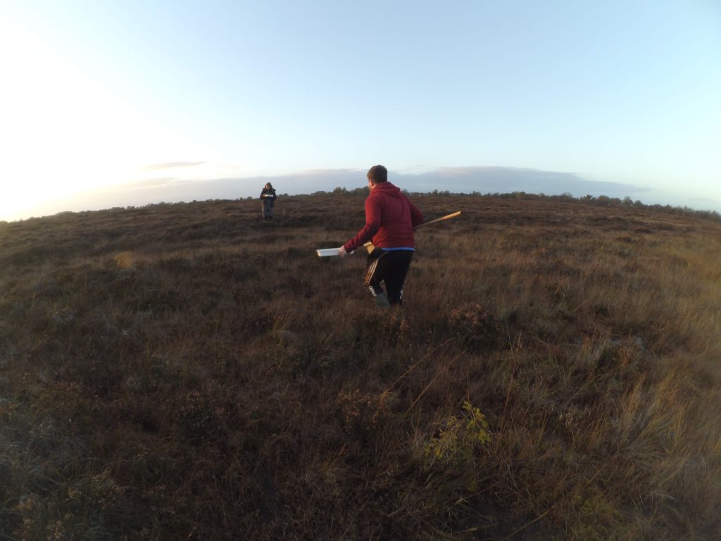Aaron Gallagher carrying out fieldwork in a raised bog for his undergrad Botany project on bog restoration
