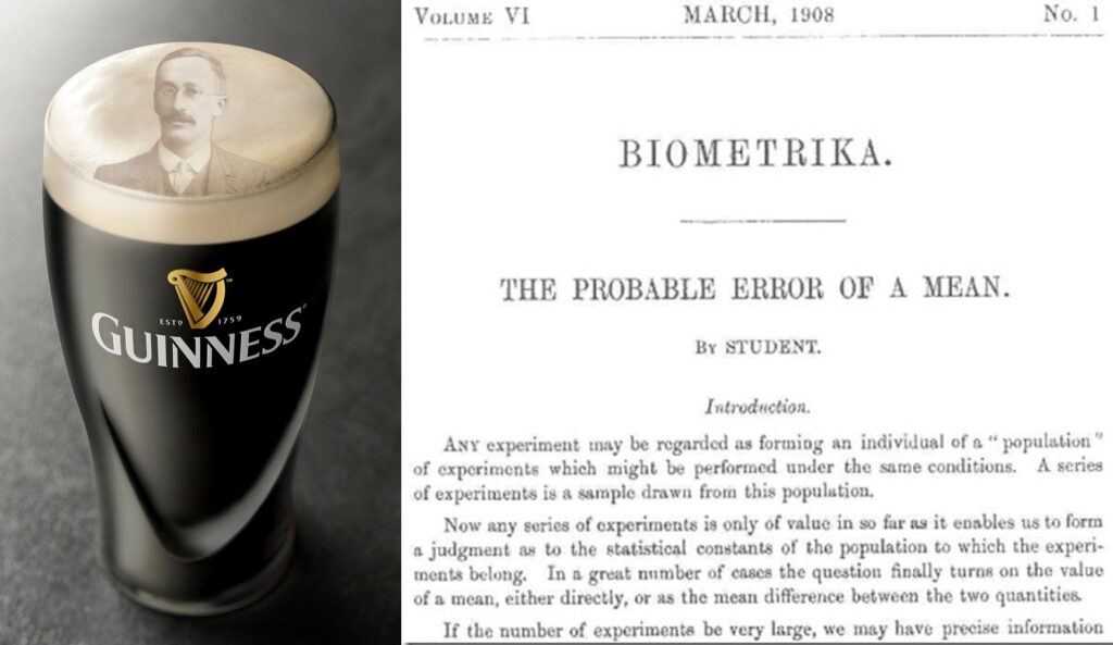 Header - Gosset in a pint of Guinness and his original publication on the t-test.