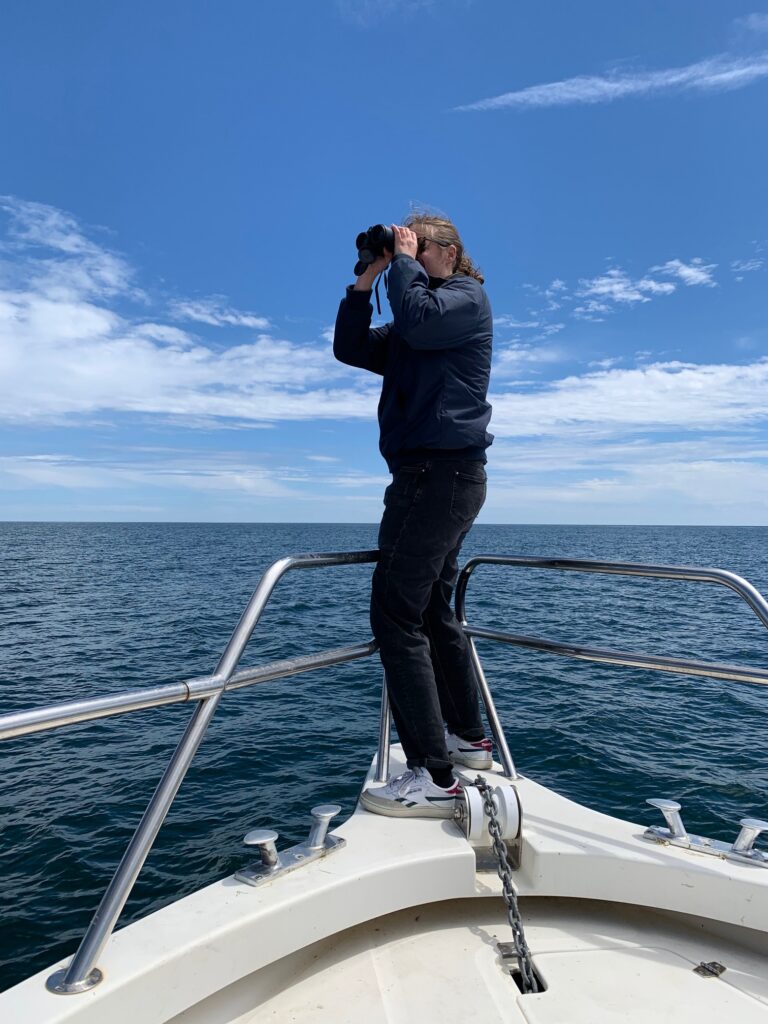 Haley Dolton surveying for basking sharks on the bow of the research boat.