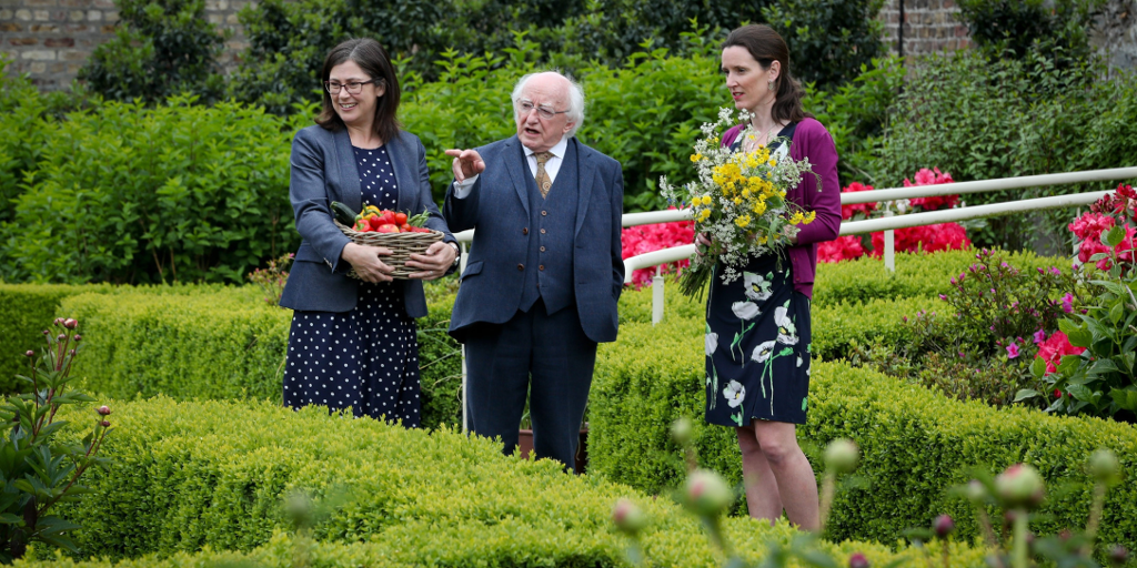 Jane Stout with President Higgins in his Garden on Bee Day 2019